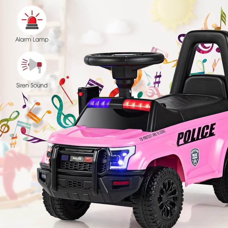 Olakids Ride On Push Police Car, Toddler Foot-to-Floor Sliding Toy with Siren, Steering Wheel, Megaphone, Horn, Headlights, Under Seat Storage, Kids Racer Walking Gift for Boys Girls 1-3 (Pink) - Image 4